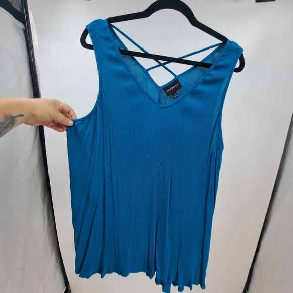 Lane Bryant Tank Top Plus 22 Sleeveless Crisscross V-Neck Swing Crinkled Teal‎ - Picture 2 of 8
